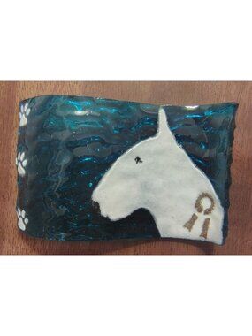 Handmade Fused Glass White Bull Terrier Dog Trinket Soap Dish, Blue Wave, Paws